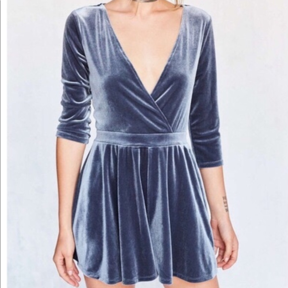 Silence & Noise blue velvet quarter sleeve romper